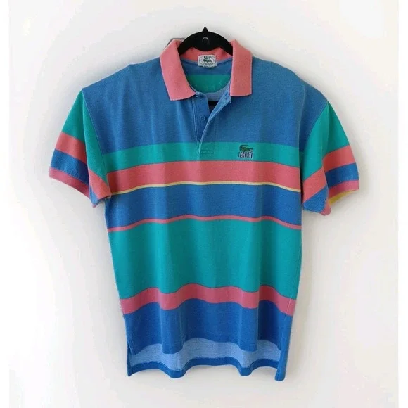 VTG IZOD Lacoste Men's Striped Short Sleeve Polo Shirt Blue Coral Green XL - Picture 1 of 9